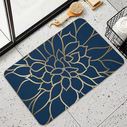 Floral Modern Print Art, Navy Blue And Gold  Pet-Safe Bath Mat
