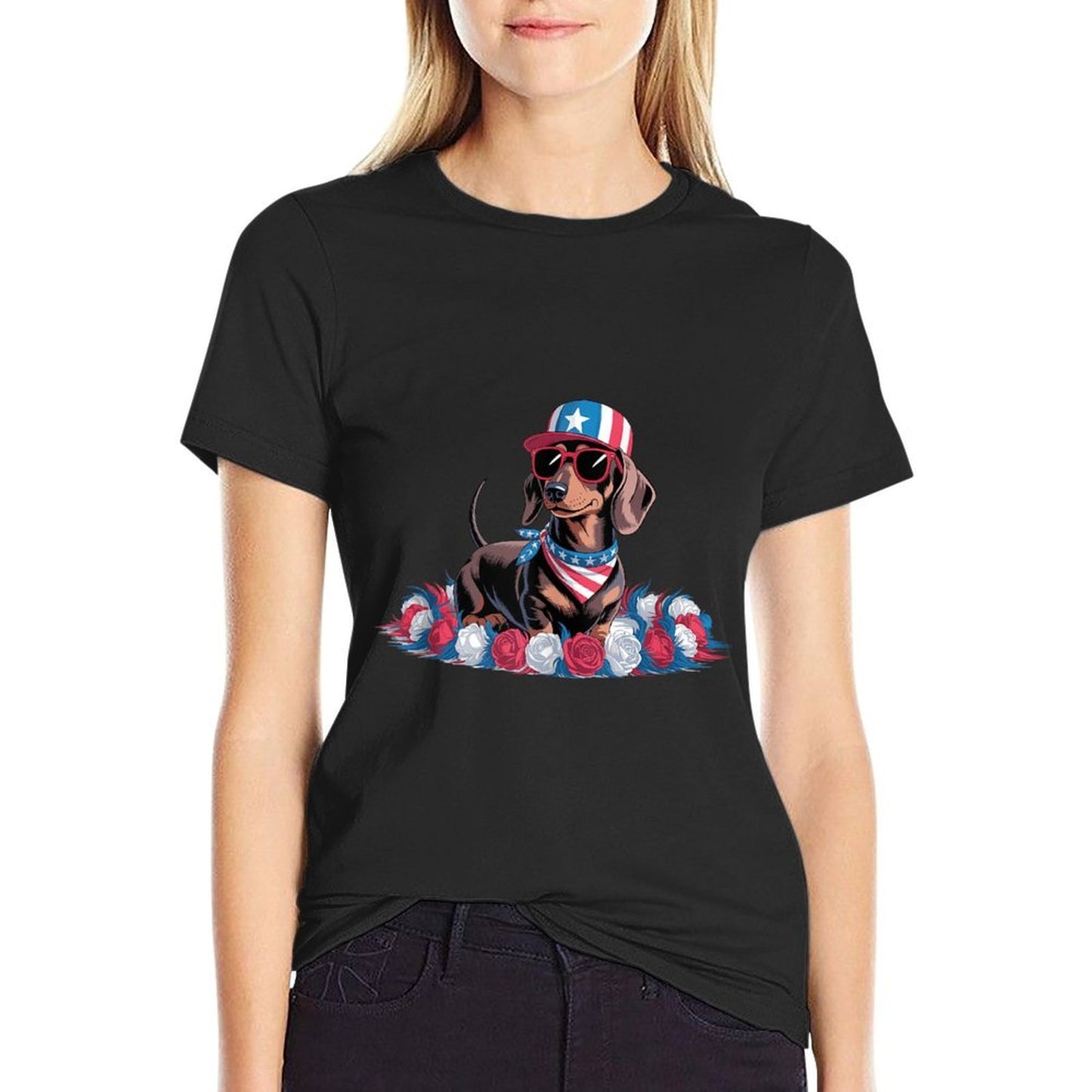 Patriotic Dachshund Dog USA Sunglasses 4th of July  Relaxed-fit T-Shirt
