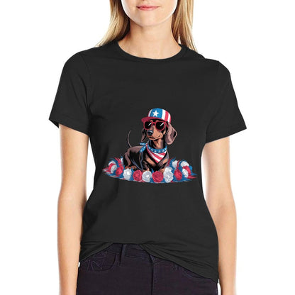 Patriotic Dachshund Dog USA Sunglasses 4th of July  Relaxed-fit T-Shirt