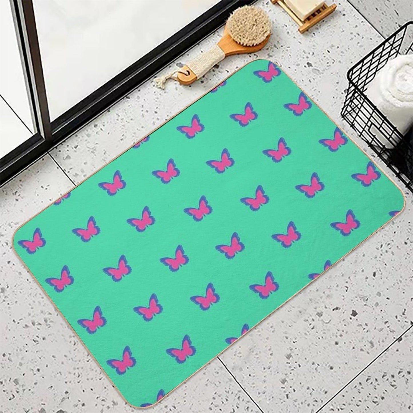 Blue And Pink Butterflies on Mint Green  Repositionable Bath Mat