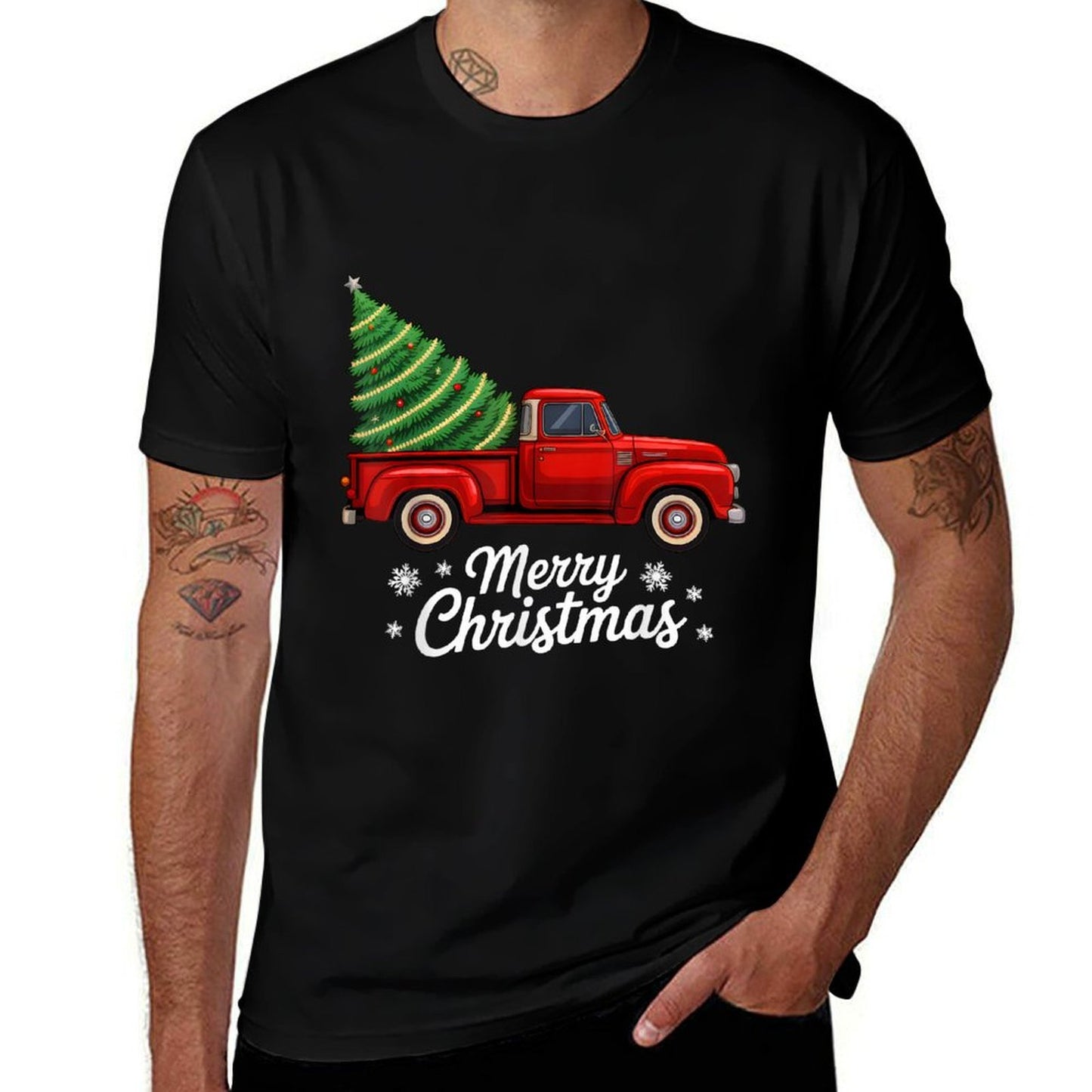 Merry Christmas Tree on Red Truck Wagon Xmas Costume Pjs  Classic T-Shirt