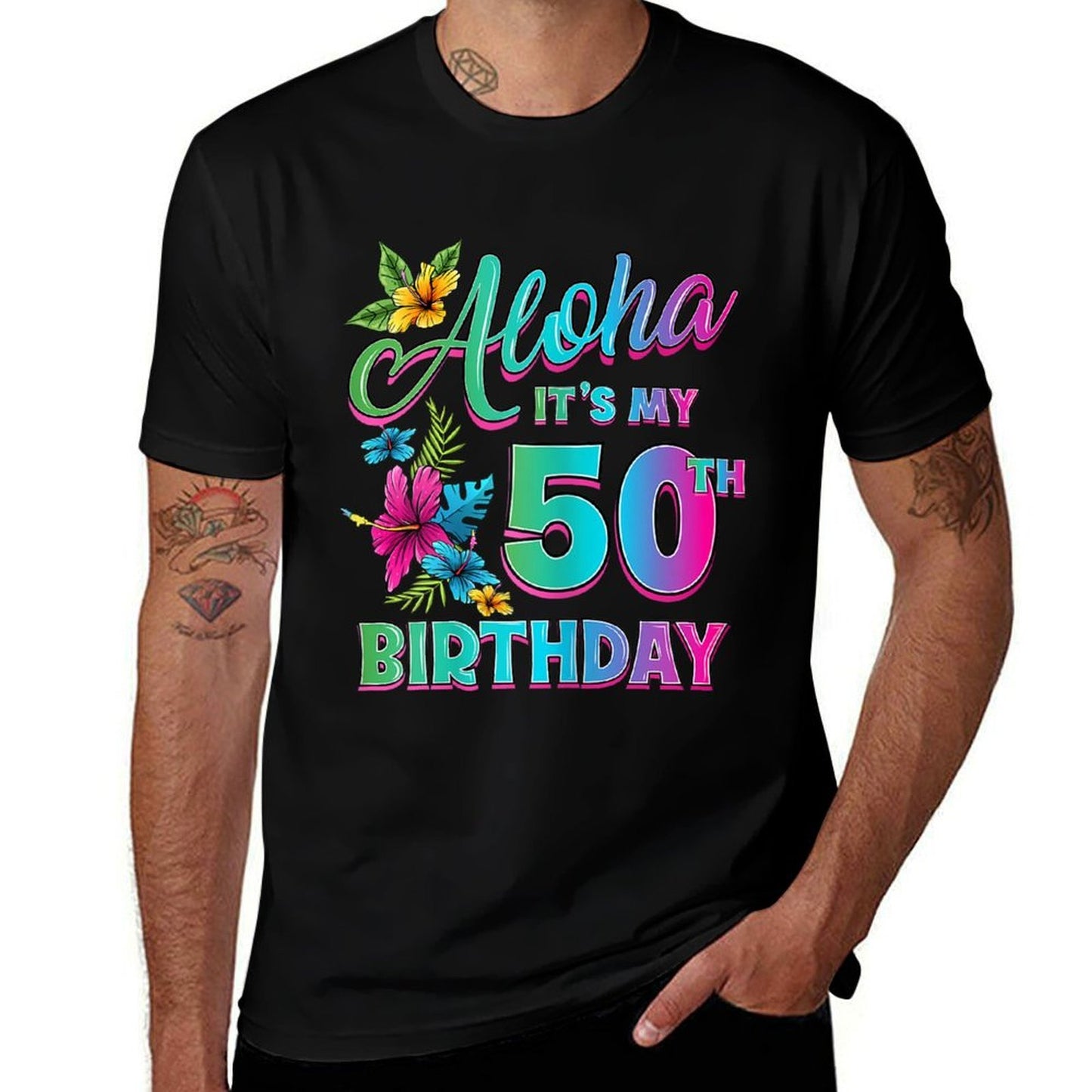 50th Birthday Aloha Hawaii Hibiscus Flower Hawaiian Theme  Oversized Silhouette T-Shirt