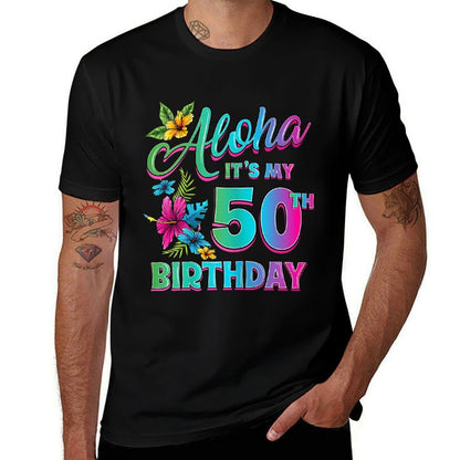 50th Birthday Aloha Hawaii Hibiscus Flower Hawaiian Theme  Oversized Silhouette T-Shirt