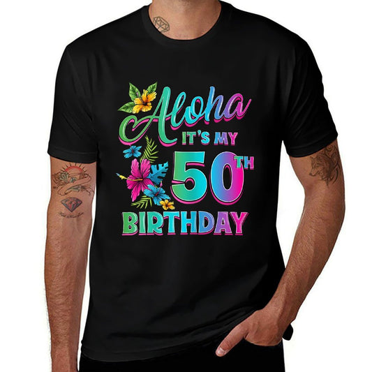50th Birthday Aloha Hawaii Hibiscus Flower Hawaiian Theme  Oversized Silhouette T-Shirt