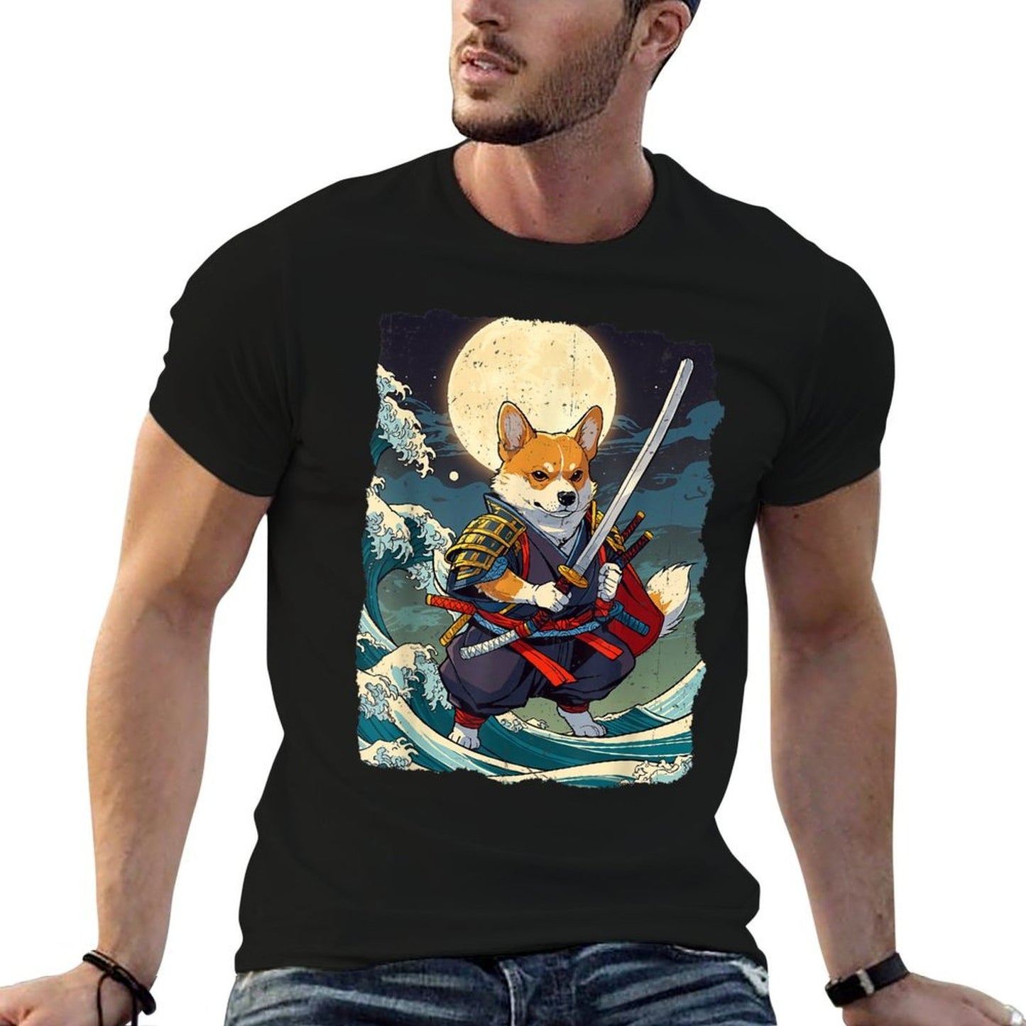 Samurai Corgi Dog Japanese Retro Corgi Ukiyo-e Warrior  Easy-care T-Shirt