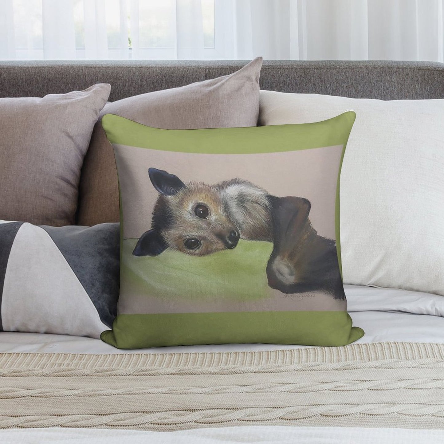 Batzilla - Safely Resting by Louise Saunders Soft Durable Construction Throw Pillow