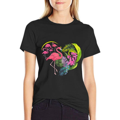 Flower Nature Hibiscus Monstera Leaves Heart Floral Flamingo  Heathered Texture T-Shirt