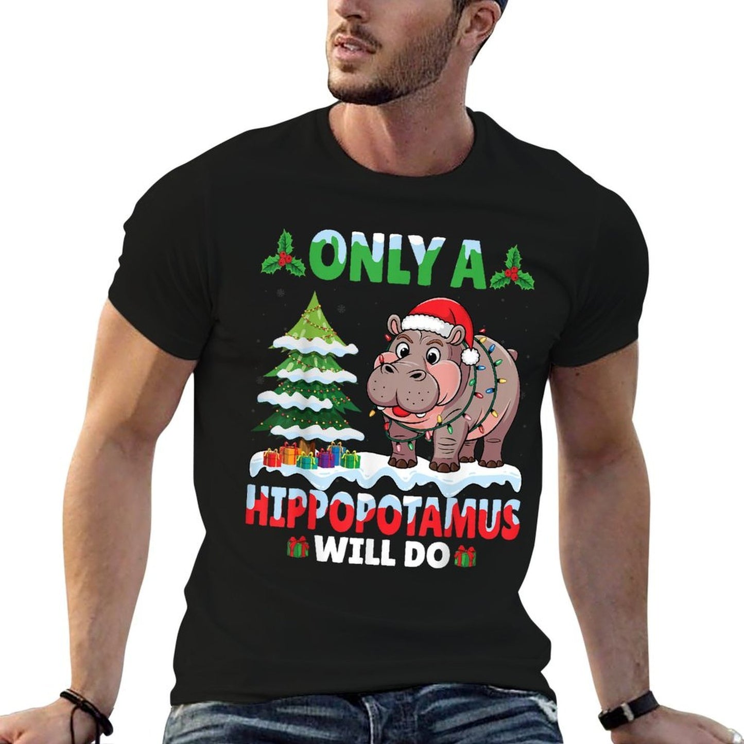Only A Hippopotamus Will Do - Hippo Santa Hat Christmas  Slim-fit Cut T-Shirt