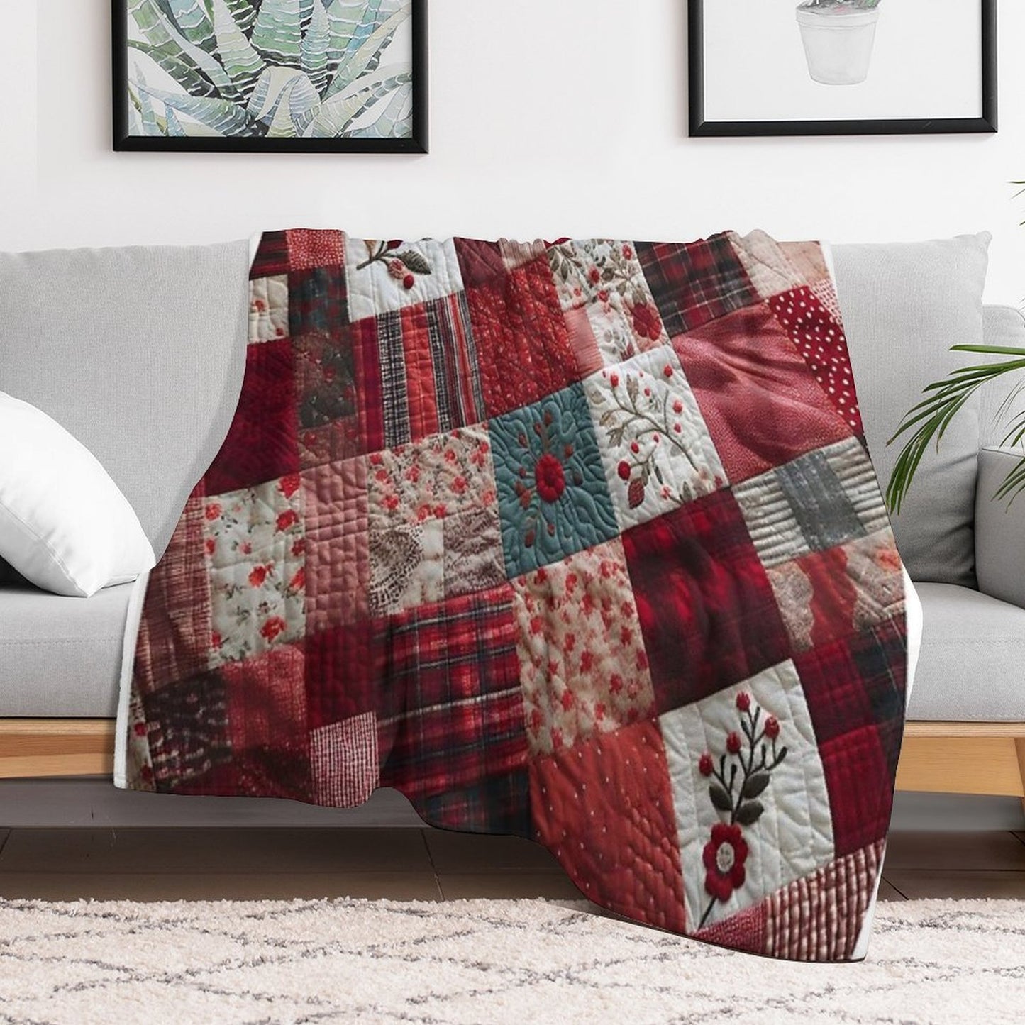 Radiant Red Patchwork Pattern Lightweight Throw Blanket