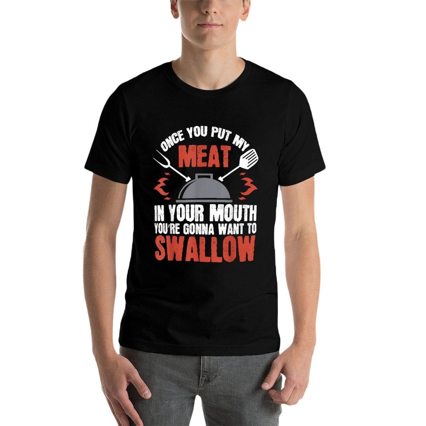 Dirty Adult Gift  Meat in Your Mouth  BBQ Joke  Oversized Silhouette T-Shirt