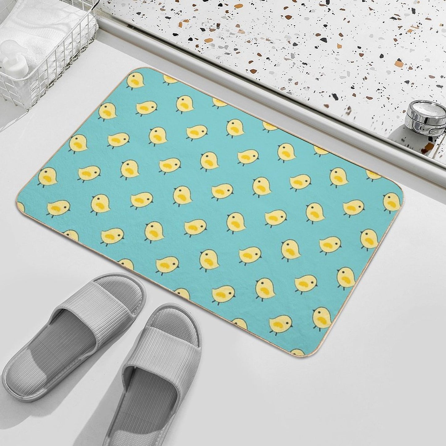 Busy Chicks Pattern - Yellow on Aqua Blue  Pet-Safe Bath Mat