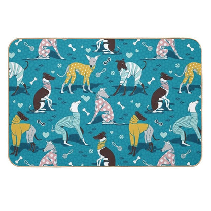 Greyhounds Dogwalk  Turquoise Background  High-Traffic Bath Mat