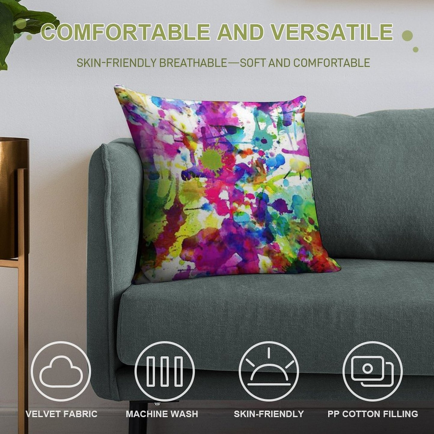 Bright Paint Splatter Squares Soft Reinforced Edging Throw Pillow