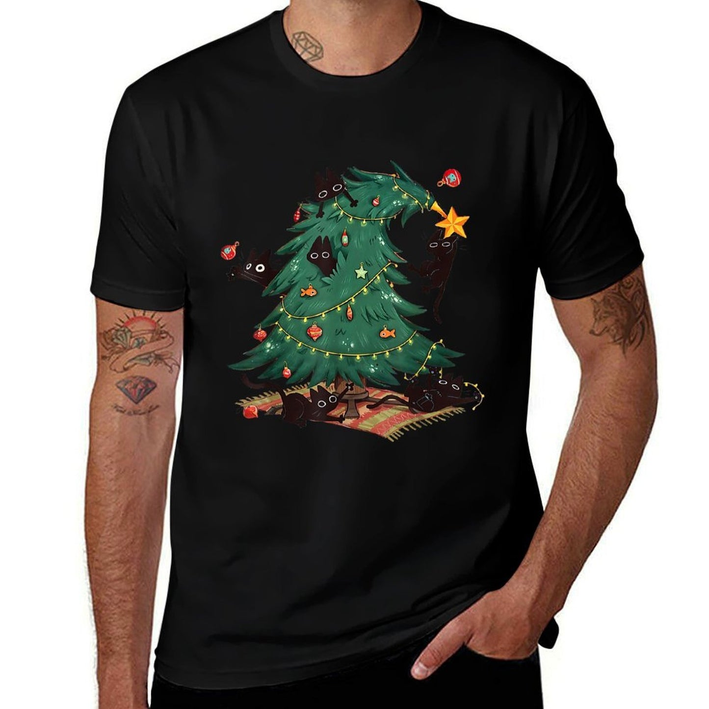Christmas Tree And Cat Cute Christmas Cat Lover  Cotton T-Shirt