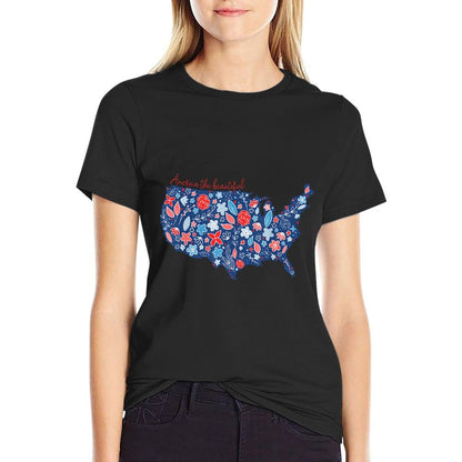 America The Beautiful Floral Patriotic Independence Day  Slim-fit Cut T-Shirt