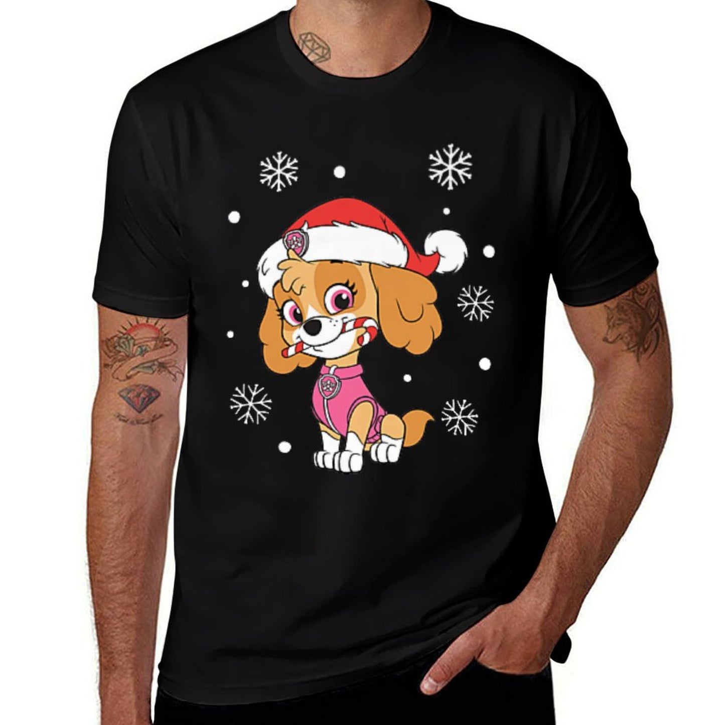 Paw Patrol Skye Left Chest Christmas Hat And Candy Cane Premium  Rolled Sleeves T-Shirt