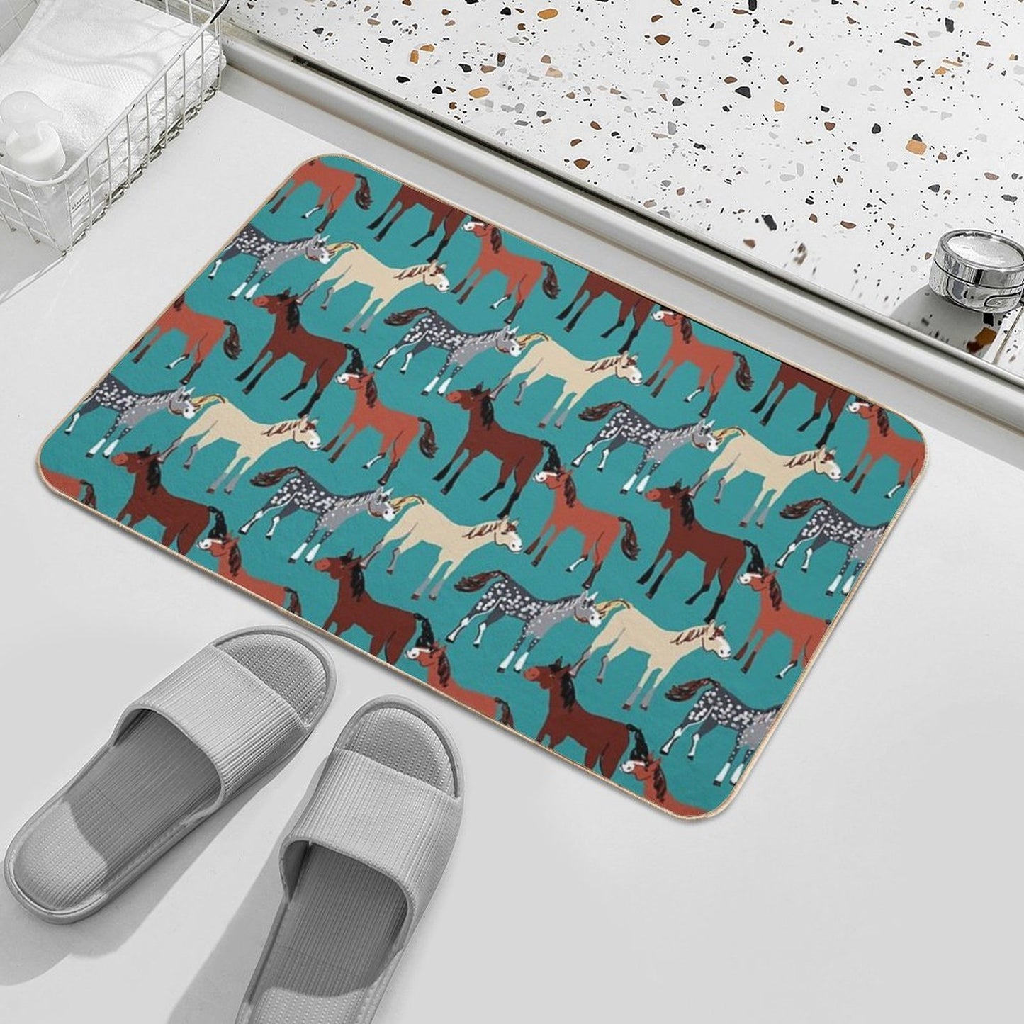 Horse Pattern in Aquamarine Blue  Pet-Safe Bath Mat
