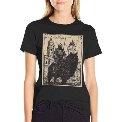 Knight Cat Rider Vintage 90s Medieval Knight Riding Cat  Trendy Pattern T-Shirt