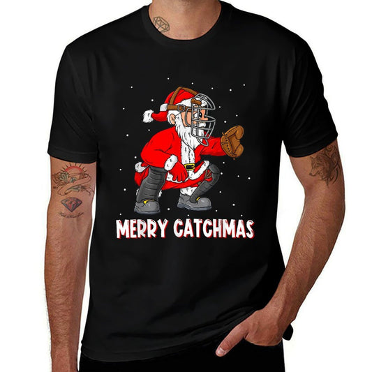 Merry Catchmas Christmas Santa Claus Baseball Catcher Xmas  Wrinkle-resistant T-Shirt