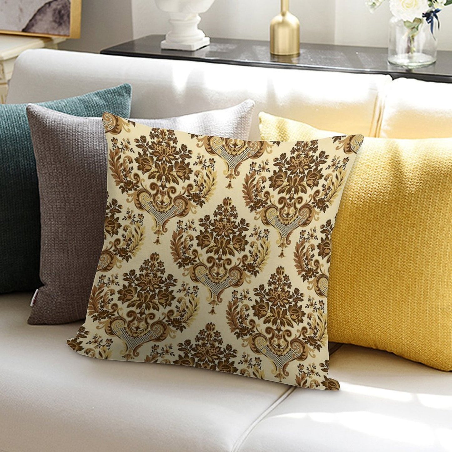 Geometric Gold Damask Abstract Beautiful Vintage Pattern Art Design Soft Style Accent Throw Pillow