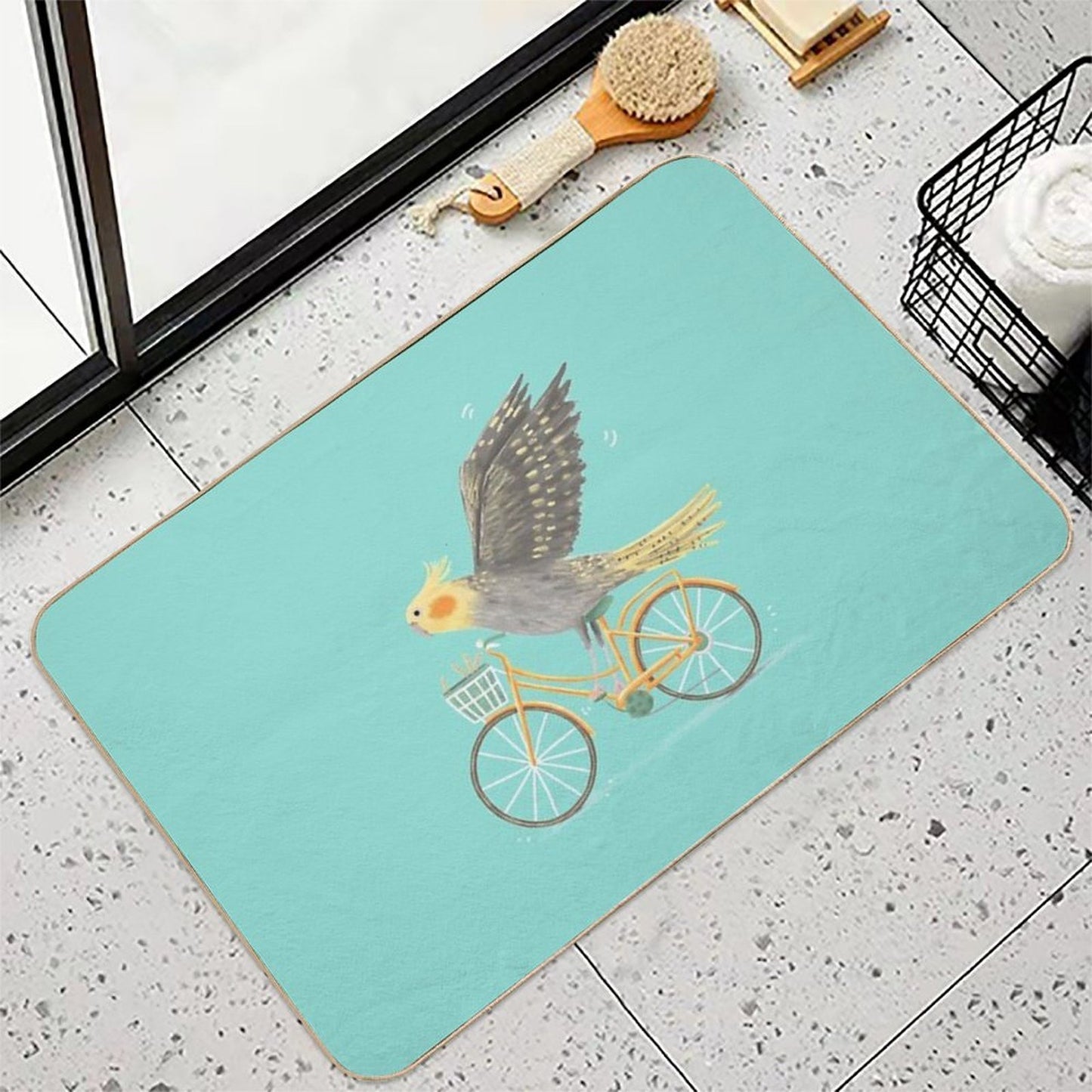Cockatiel on A Bicycle  Easy To Clean Bath Mat