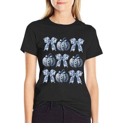 Blue And White Pumpkins Chinoiserie With Bow Fall Halloween  Affordable Price T-Shirt