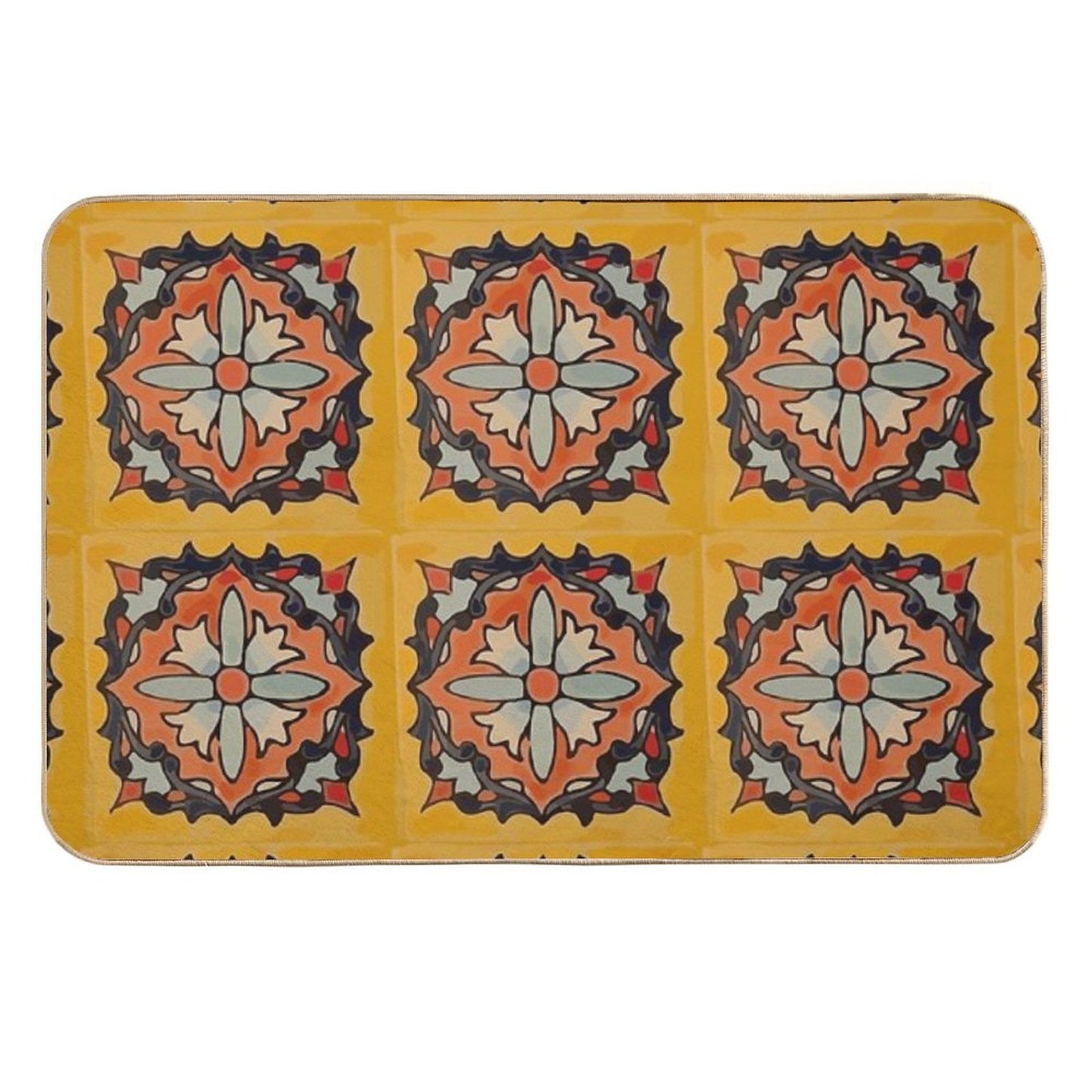 Ocher Flower Retro Mexican Tile Boho Chic Mosaic  Repositionable Bath Mat