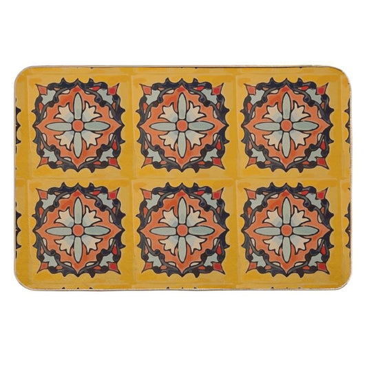 Ocher Flower Retro Mexican Tile Boho Chic Mosaic  Repositionable Bath Mat