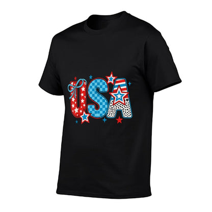 Retro American USA Coquette Bow Patriotic 4th Of July  Fade-proof Color T-Shirt