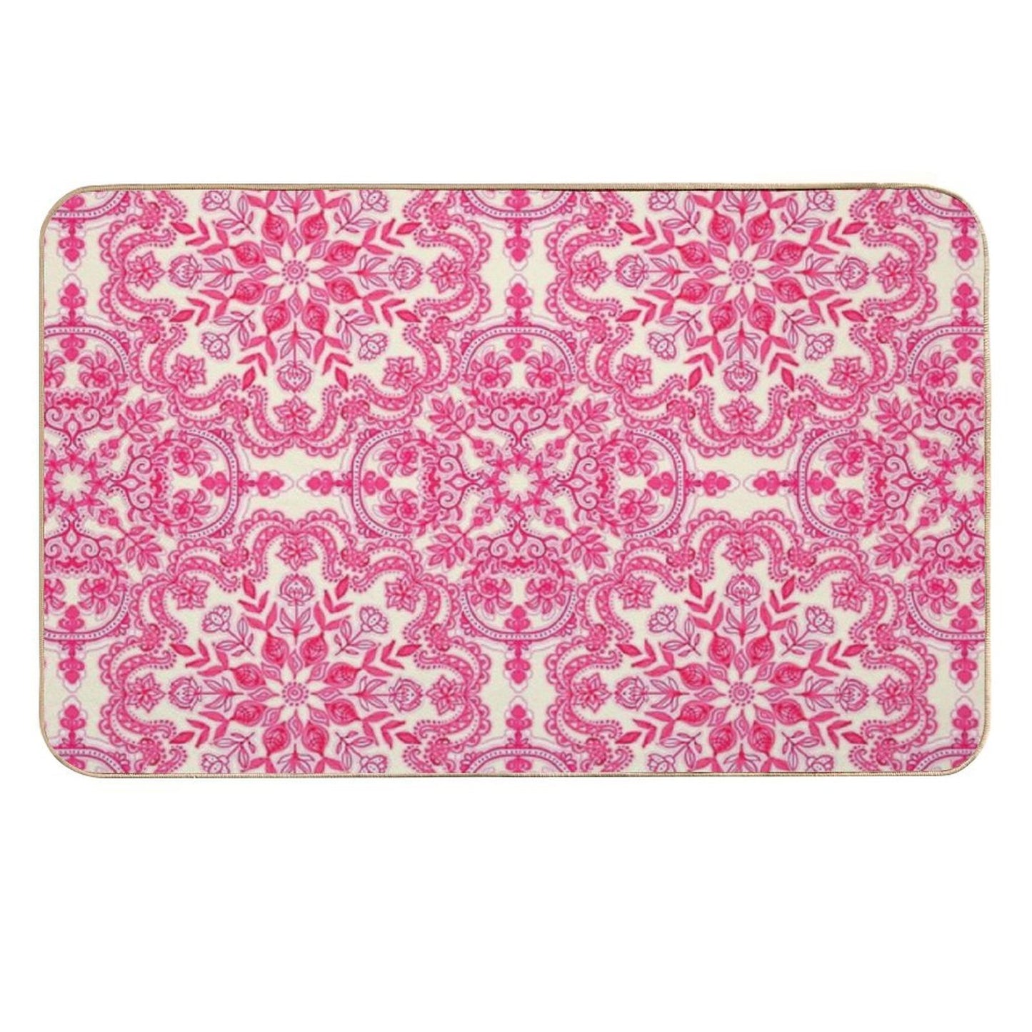 Hot Pink & Soft Cream Folk Art Pattern  Rapid-Drying Bath Mat