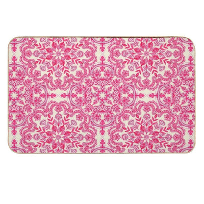 Hot Pink & Soft Cream Folk Art Pattern  Rapid-Drying Bath Mat