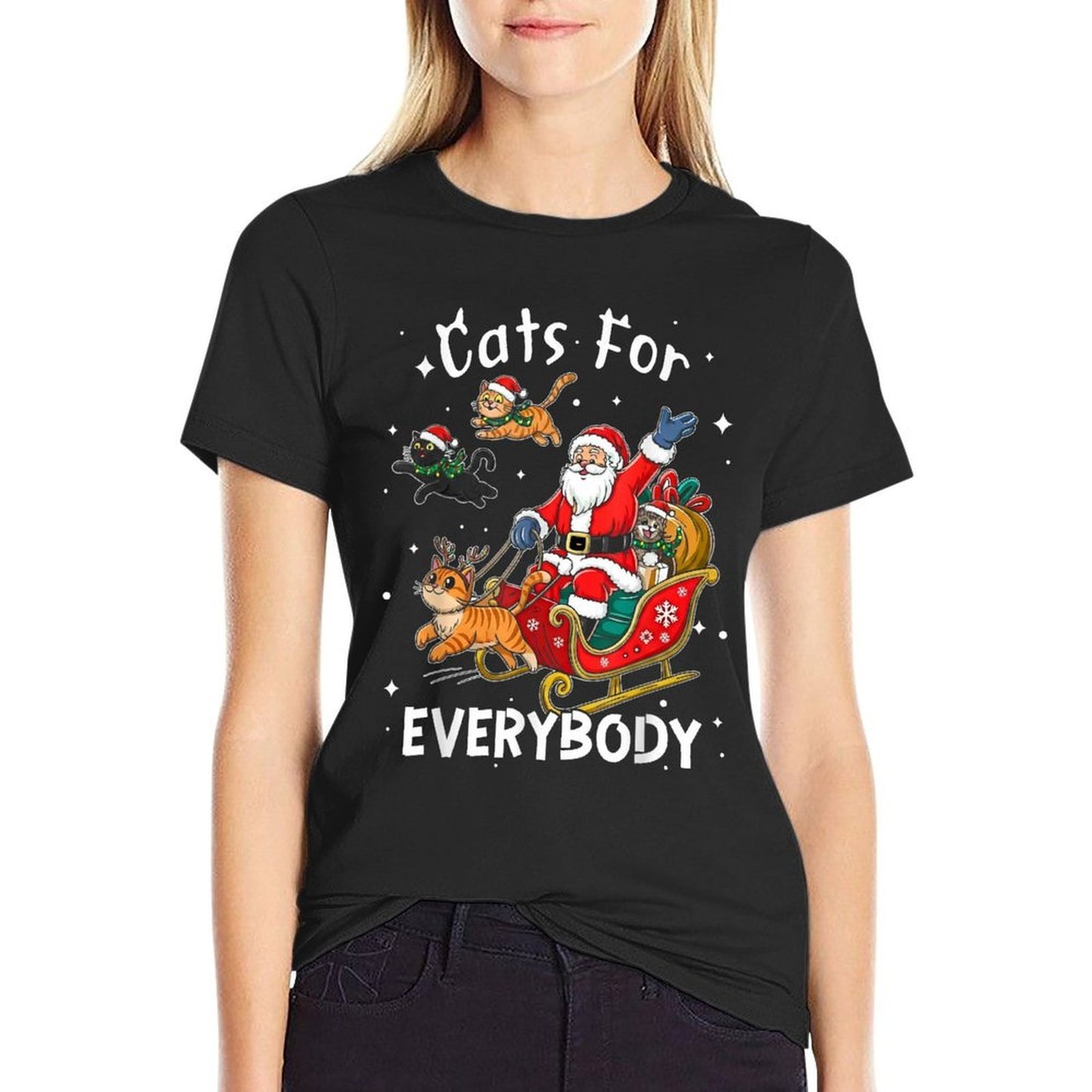 Cats for Everybody Santa Christmas Funny Cat Xmas Women Kids  Summer-ready Fabric T-Shirt