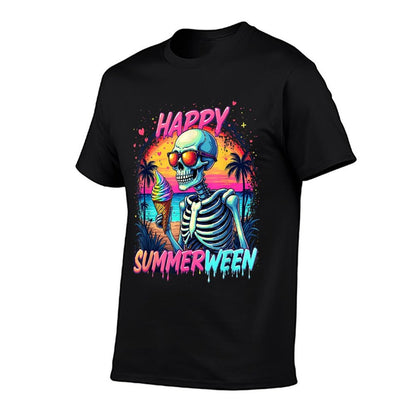 Summer Watermelon Jack-o-lantern Happy Summerween Skeleton  Fade-proof Color T-Shirt