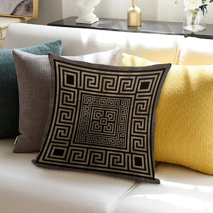 Greek Key Ornament - Greek Meander -Gold on Black Soft Fade-Resistant Throw Pillow