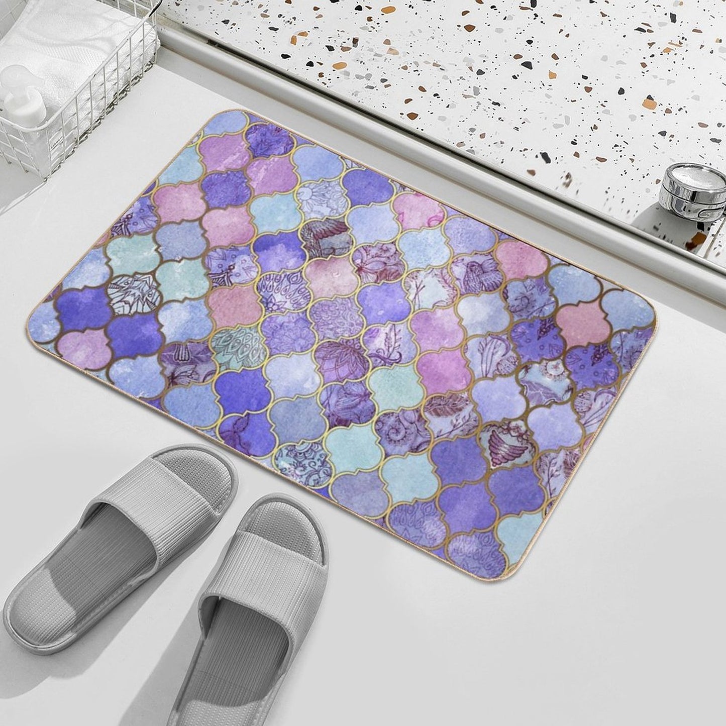 Royal Purple, Mauve & Indigo Decorative Moroccan Tile Pattern  Fade-Resistant Bath Mat