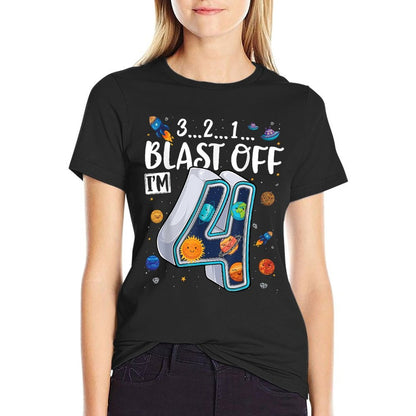 Solar System Planets Four 4 Years Old 4th Birthday Boy Girl  Trendy Pattern T-Shirt