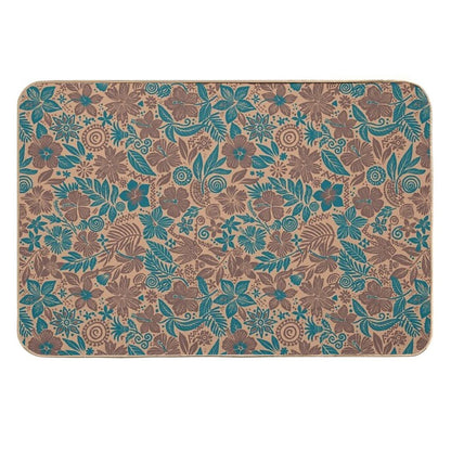 Beige And Teal Tropical Floral Tribal Print  Eco-Friendly Bath Mat