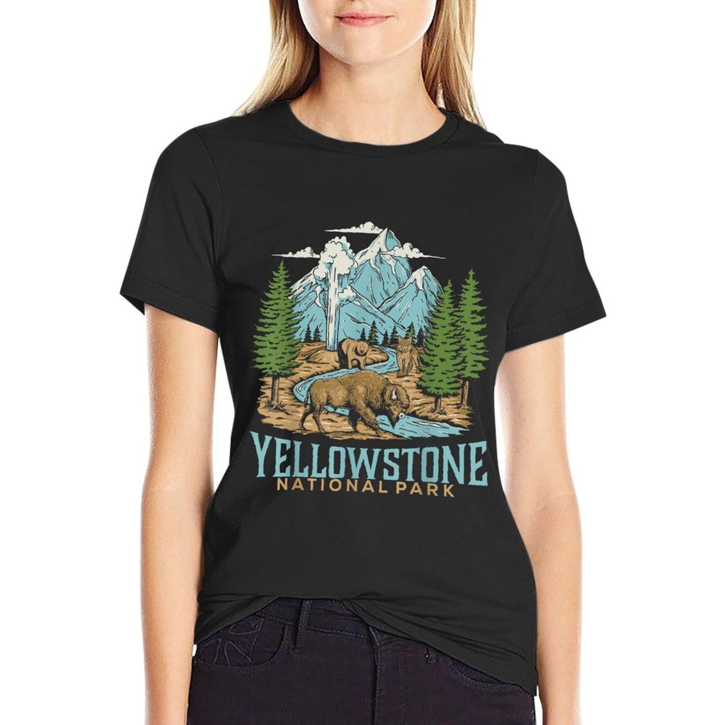 Yellowstone US National Park Wolf Bison Bear Vintage Gift  Soft T-Shirt