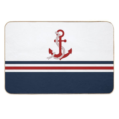 Nautical Navy Blue And White Stripes with A Red Anchor  Fade-Resistant Bath Mat