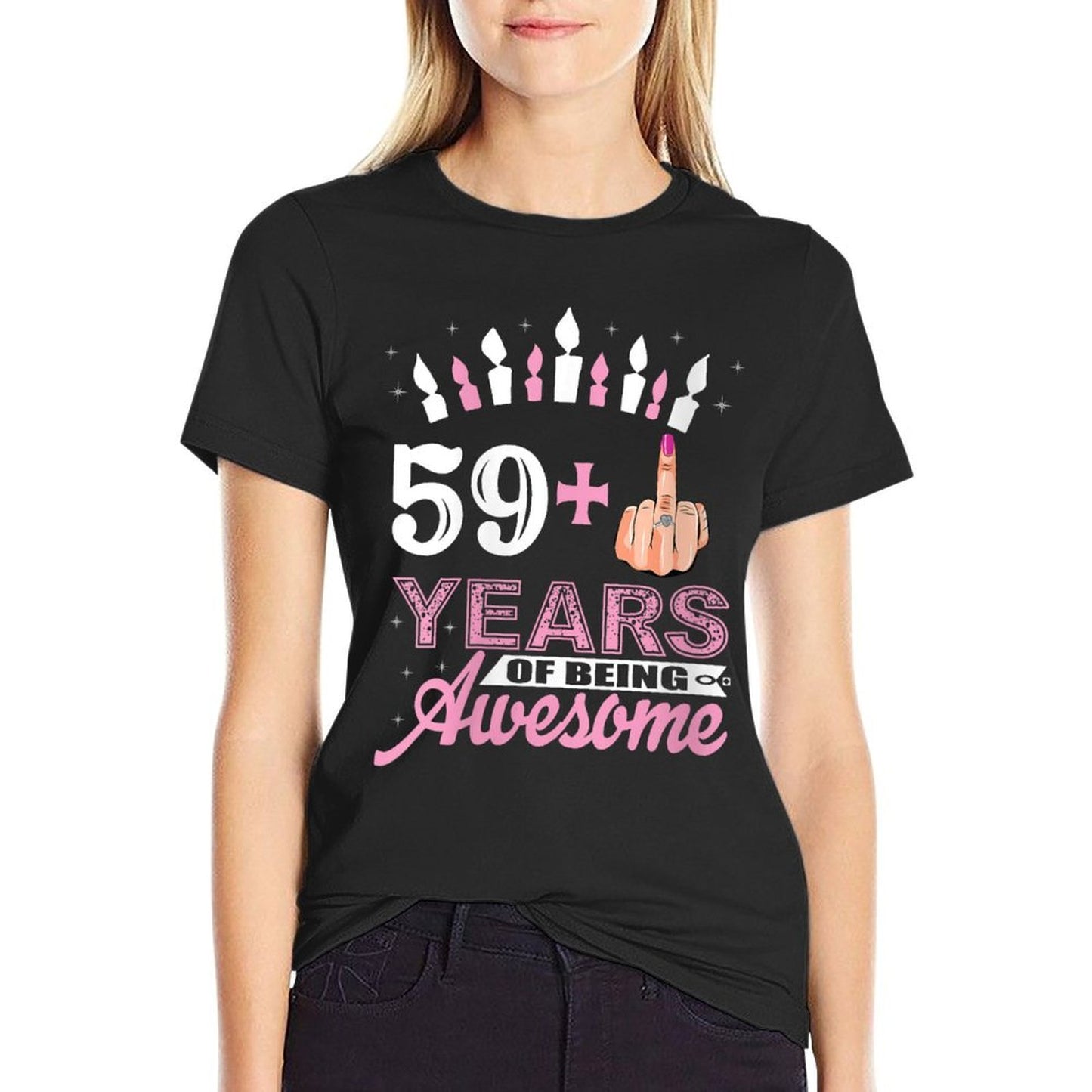 Womens Funny 59 Plus Middle Finger 60th Birthday Gifts For Women  Rolled Sleeves T-Shirt
