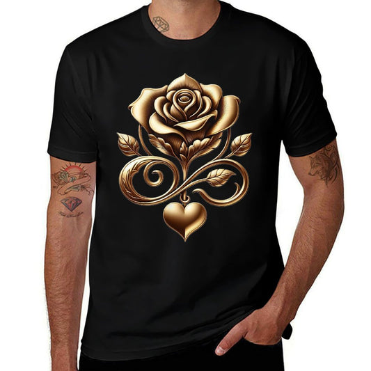 Very Cute Gold Rose Flower With A Golden Heart  High-quality Stitching T-Shirt