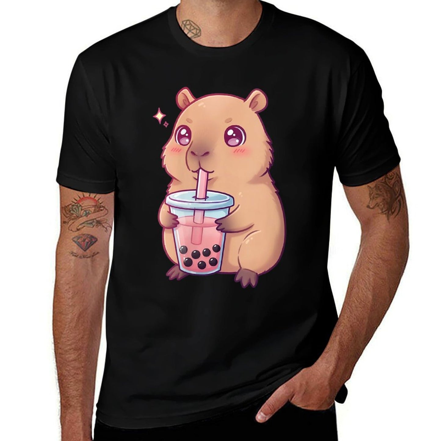 Womens Capybara Drinking Bubble Tea Japanese Design Boba Anime  Odor-resistant T-Shirt
