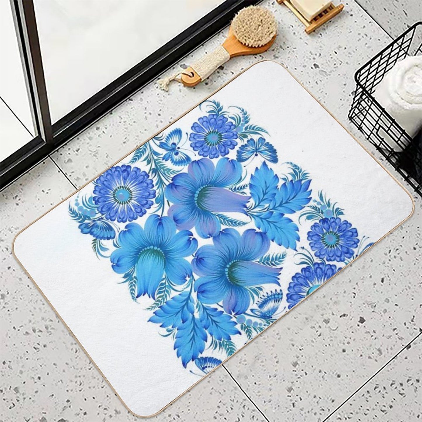 Blue Harmony – Petrykivka Floral Art  Easy To Clean Bath Mat