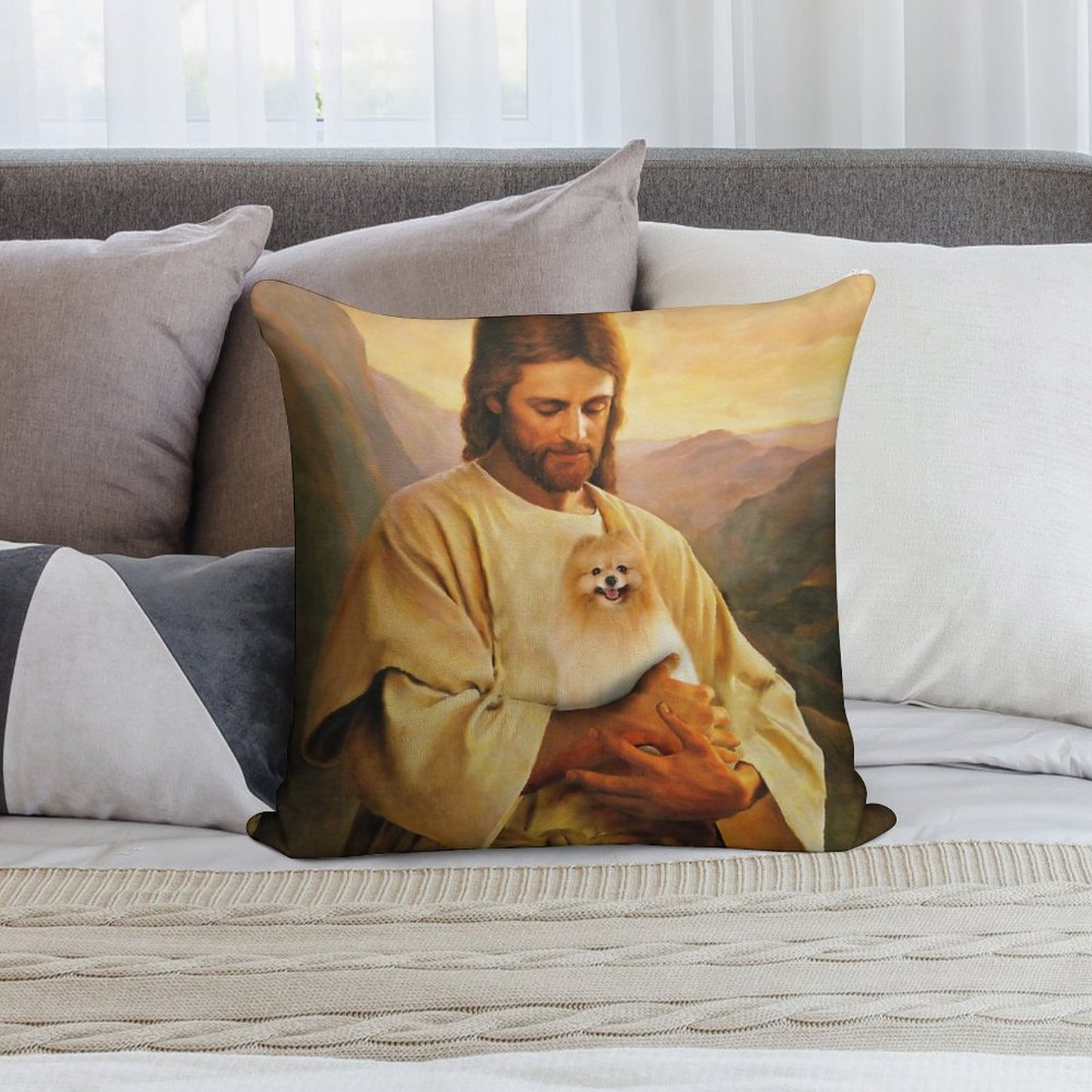 Pomeranian Dog And Jesus Lover Soft Decorative Cover Throw Pillow