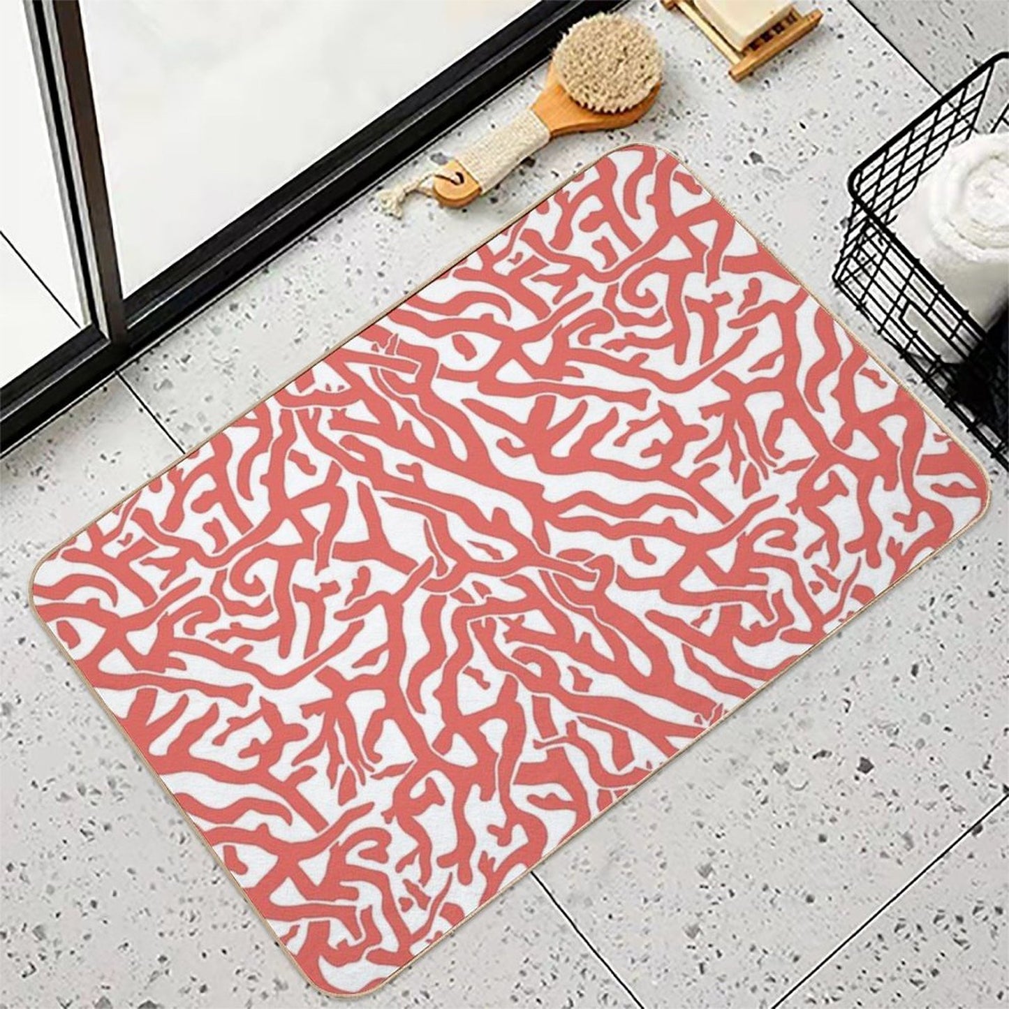 Coral Reef Pattern  Reddish Coral White Coastal Beach House  Slip-Resistant Bath Mat