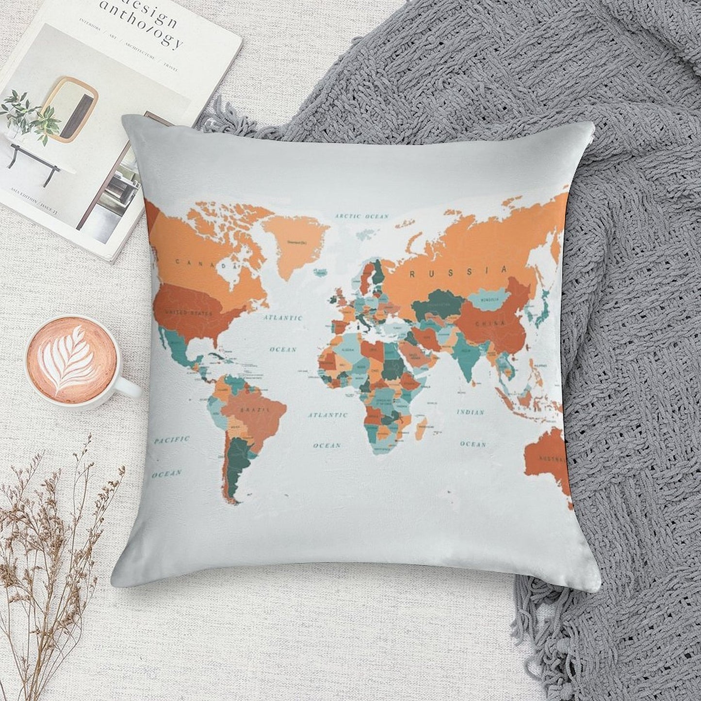 Map of The World in Burnt Orange And Teal Soft Fade-Resistant Throw Pillow