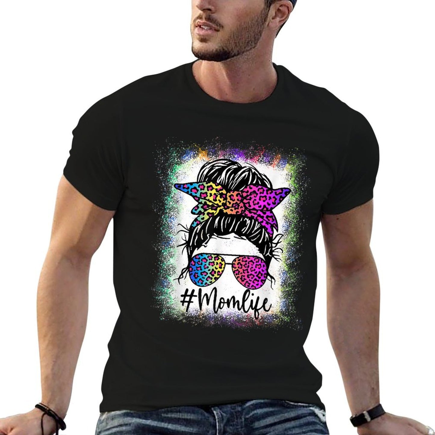 Womens Mom Life Bleached Rainbow Leopard Messy Bun  Stretchy T-Shirt