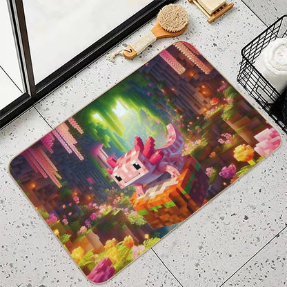 Cute Pink Minecraft Axolotl on Block  Slip-Resistant Bath Mat