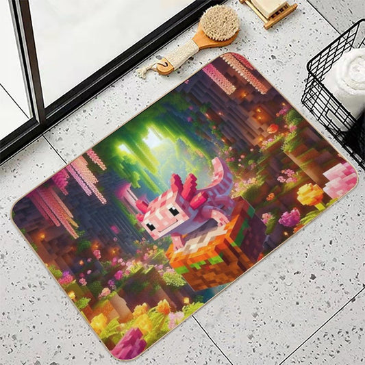 Cute Pink Minecraft Axolotl on Block  Slip-Resistant Bath Mat
