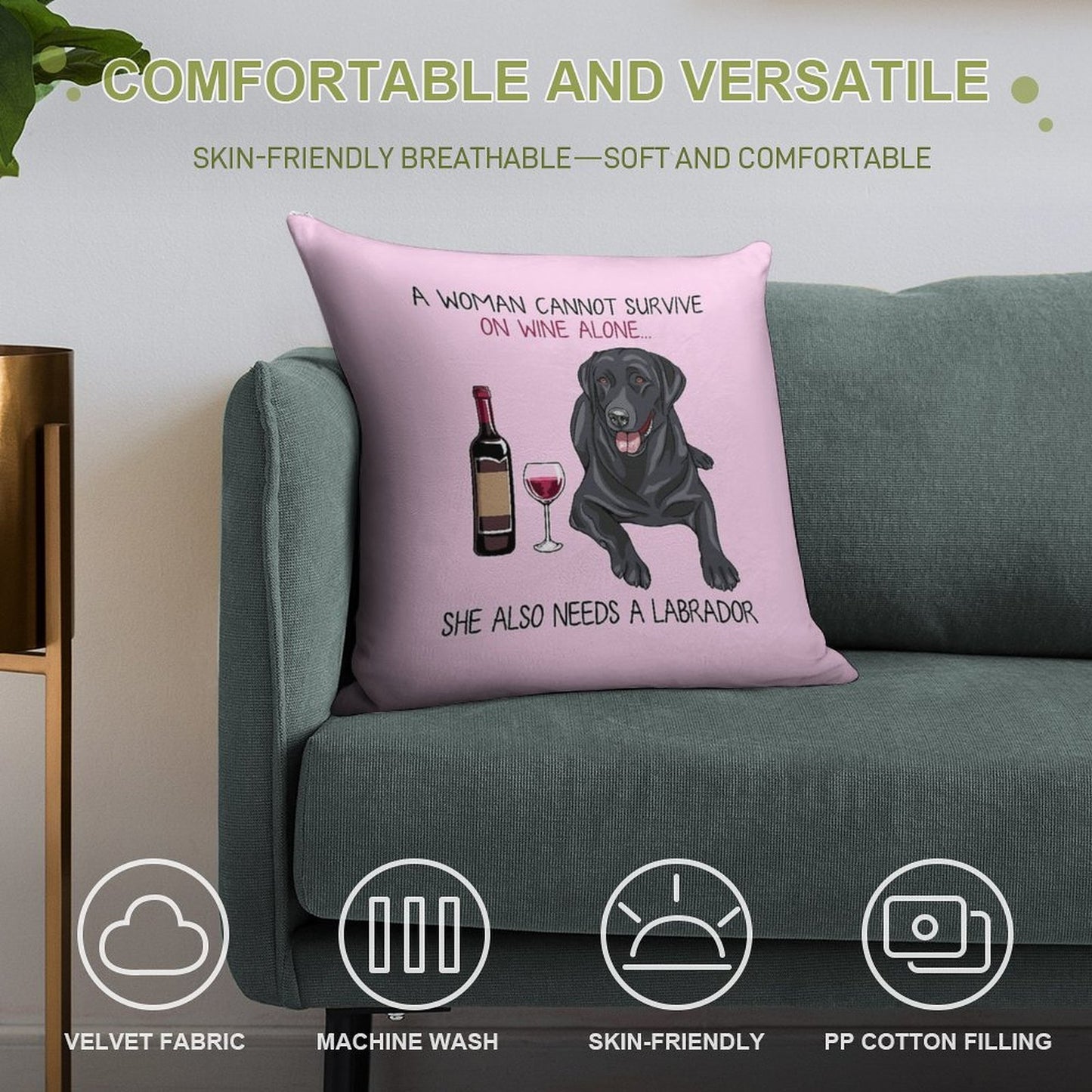 Labrador And Wine Funny Dog Soft Gift Ready Throw Pillow